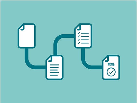 Icon showing a document approval process