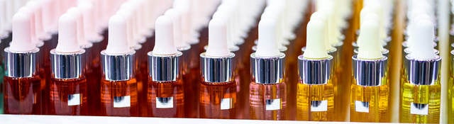 Cosmetic bottles on a shelf