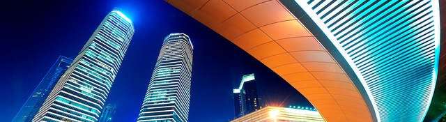 View of two skyscrapers at night in China