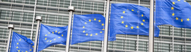 European union flags flying in front of a gray building