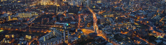 Arial view of London at dusk.