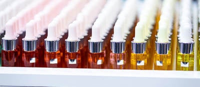 Cosmetic bottles on a shelf