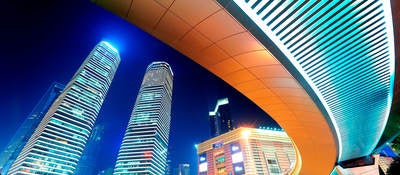 View of two skyscrapers at night in China