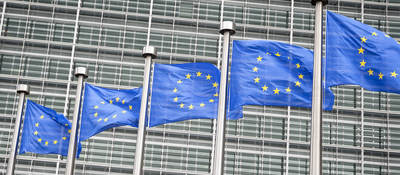 European union flags flying in front of a gray building