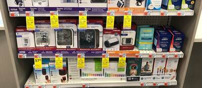 Blood pressure monitors and drug test kits on display