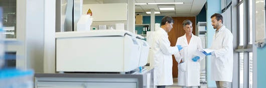 Group of lab technicians standing together looking at documents