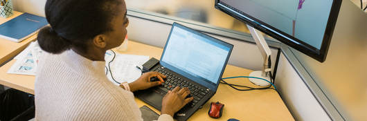 Person at a desk with laptop and monitor.