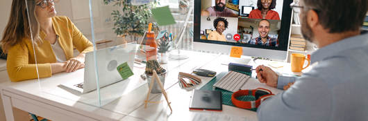 Two people sitting at a desk on a video call