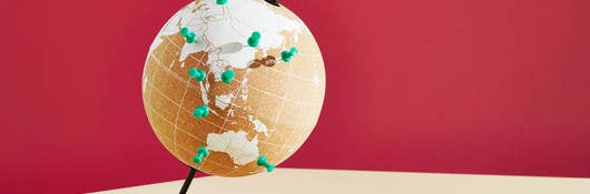 Globe with push pins indicating certain countries.