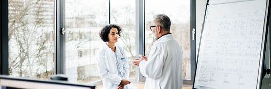 Two doctors talking next to a window in a doctor's office