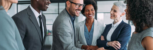 Group of business professionals greeting each other and shaking hands 