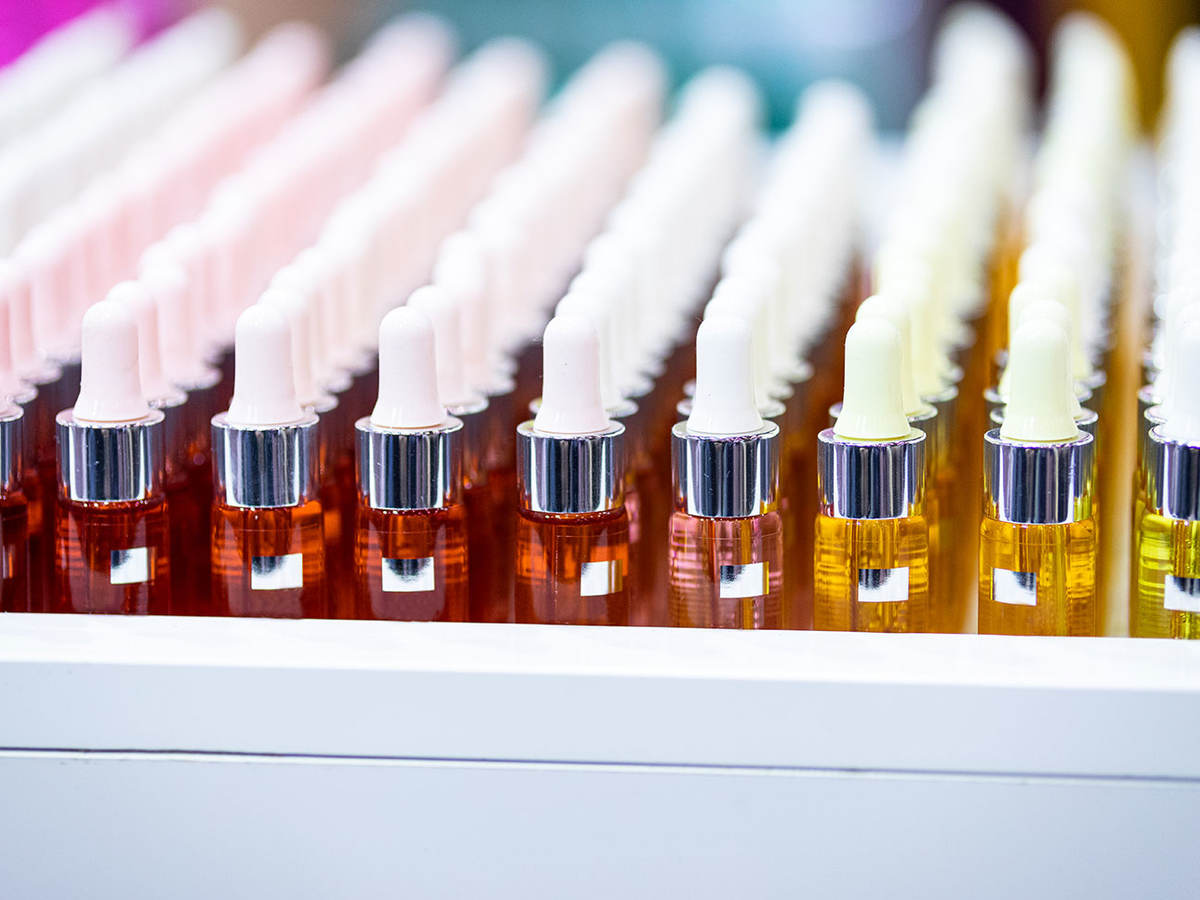 Cosmetic bottles on a shelf