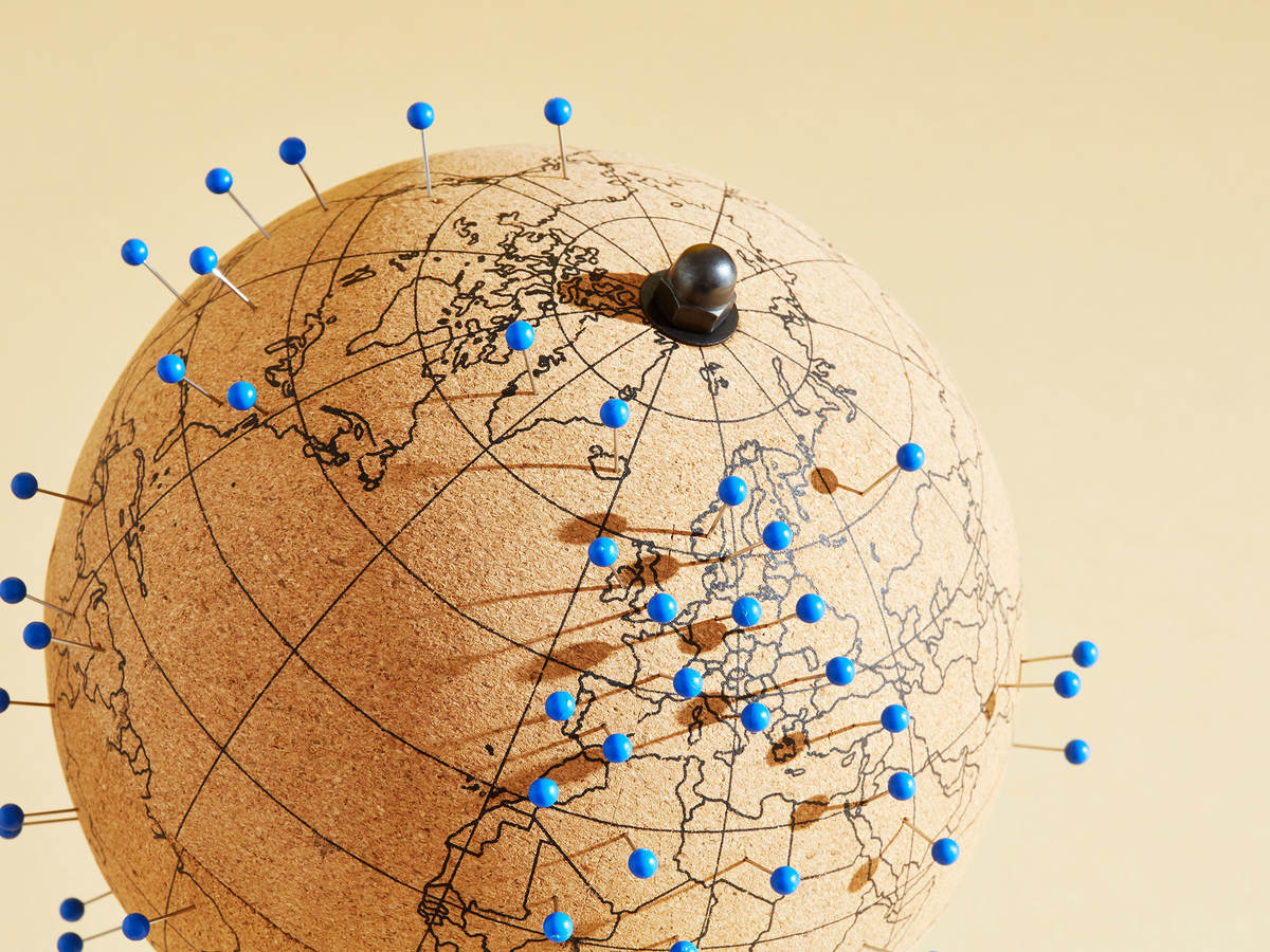 Cork globe with blue push pins