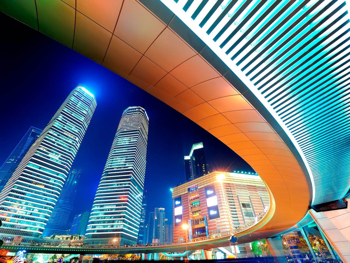 View of two skyscrapers at night in China