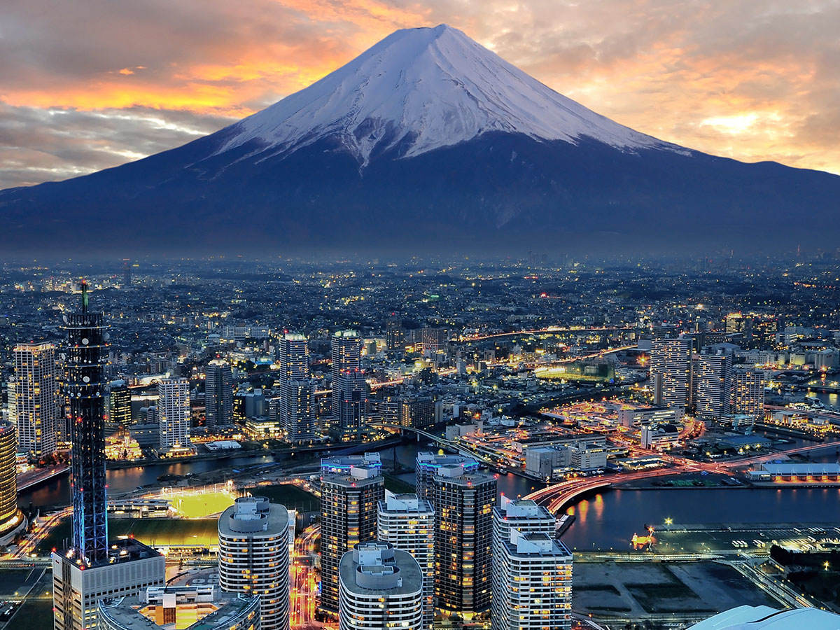 Aeriel view of Mt Fuji at night