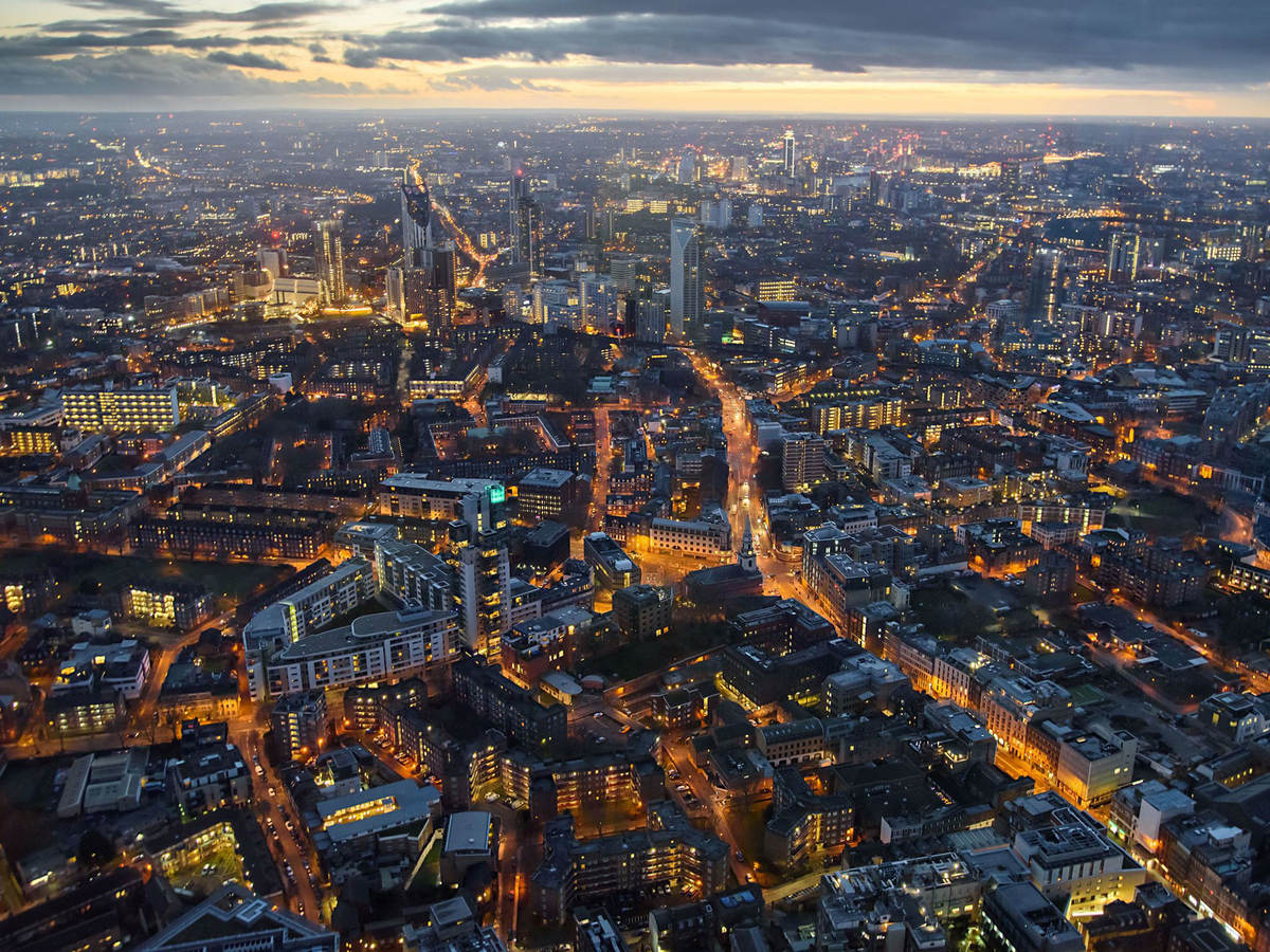 Arial view of London at dusk.