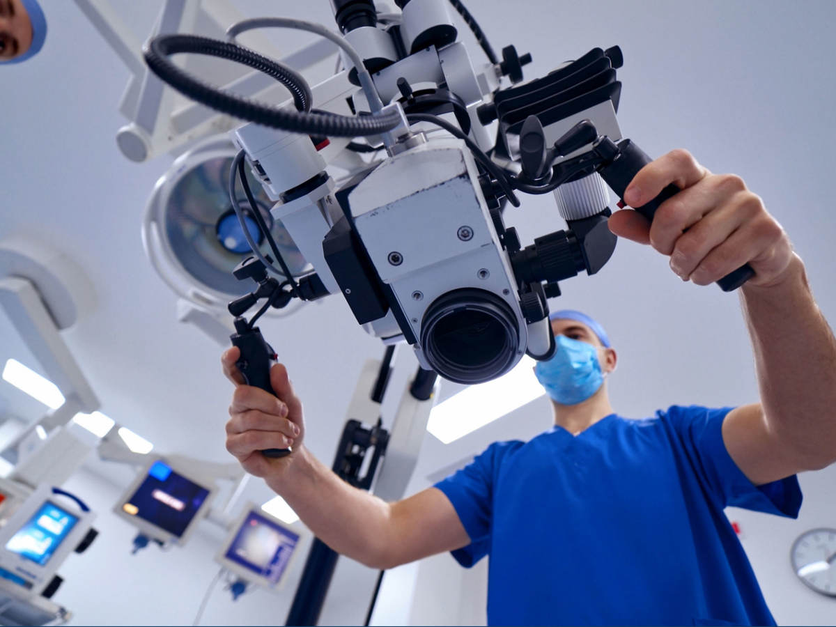 Surgeon with intraoperative microscope