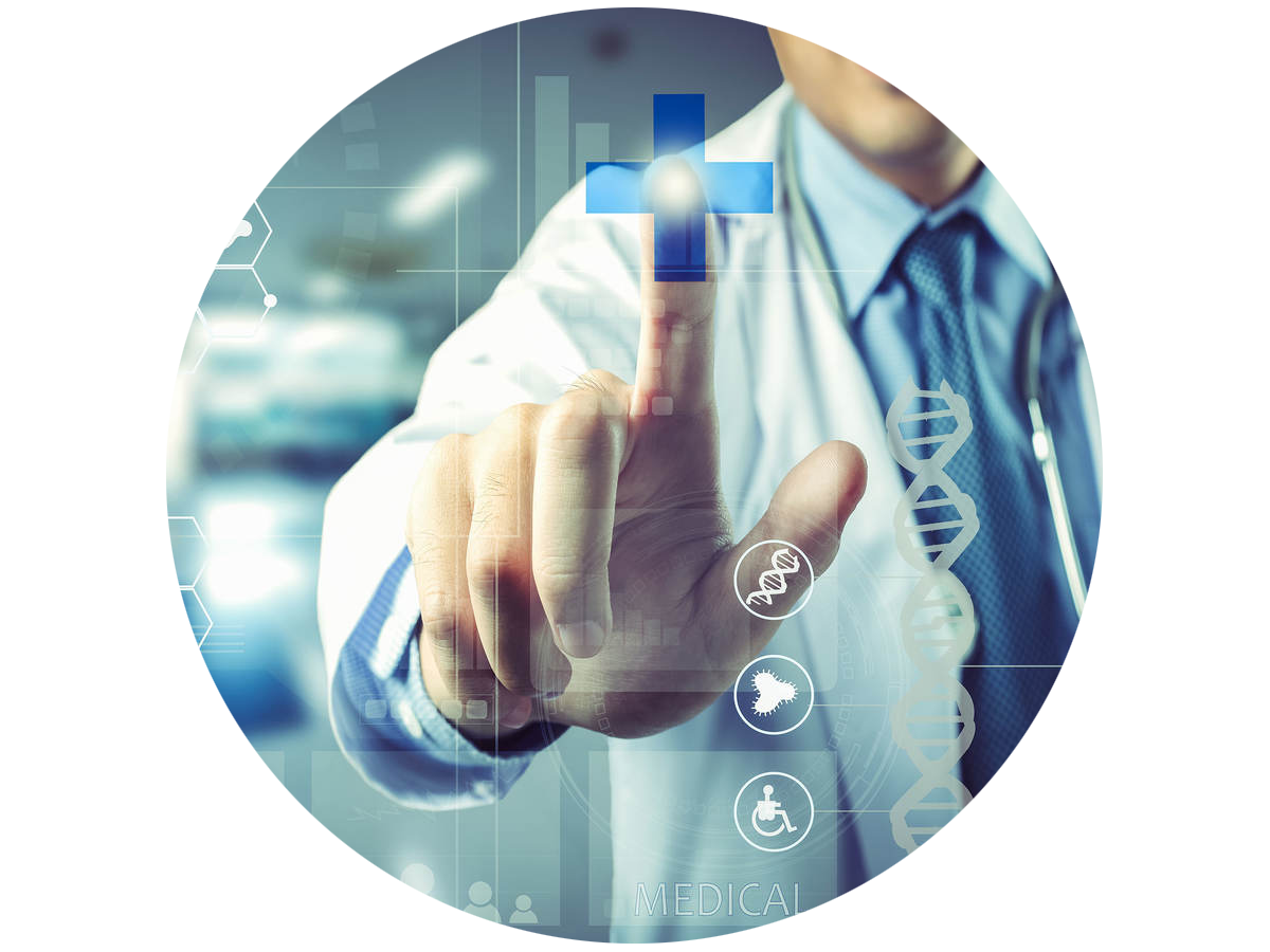 A doctor pressing a medical symbol on a futuristic interactive screen