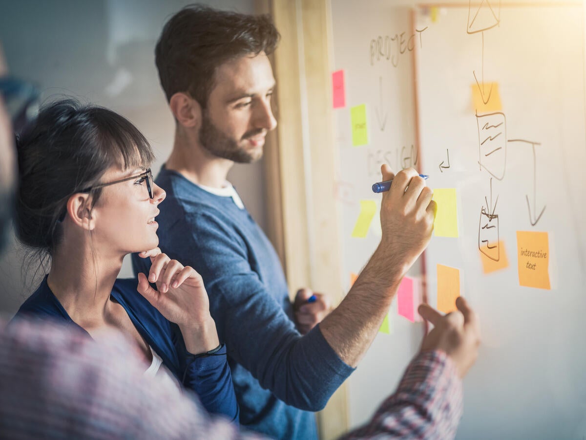 Two colleagues are creating a process map on a whiteboard.
