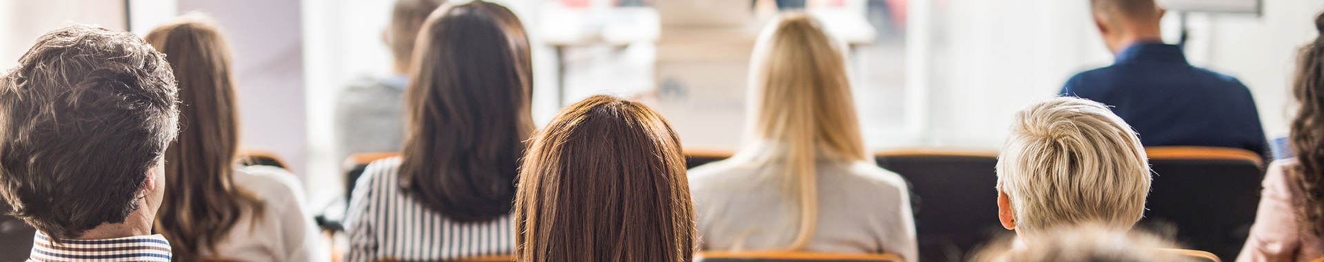 Group of people watching a speaker give a presentation