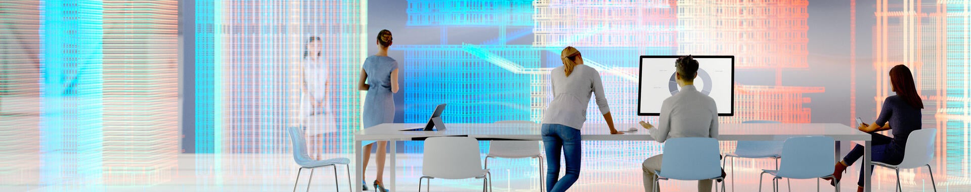 Depiction of business colleague collaborating on technology in the future