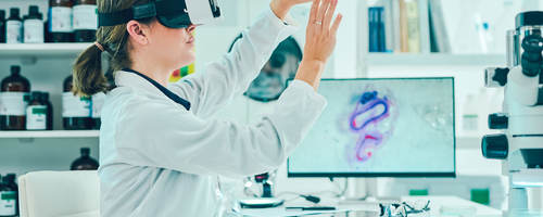 A doctor in a lab testing a medical device