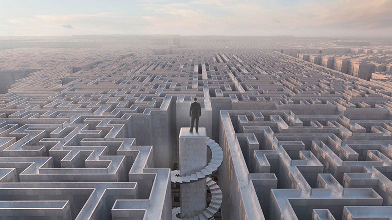 Person standing on a platform overlooking a vast maze
