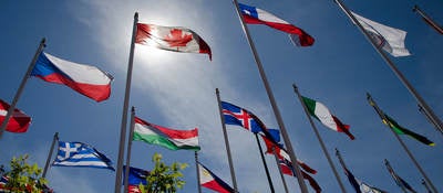 Photo of flags from around the world flying in the wind