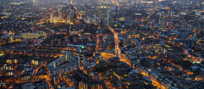 Arial view of London at dusk.