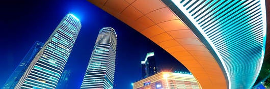 View of two skyscrapers at night in China
