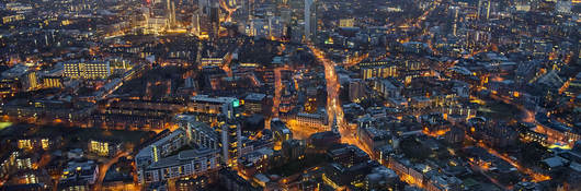 Arial view of London at dusk.