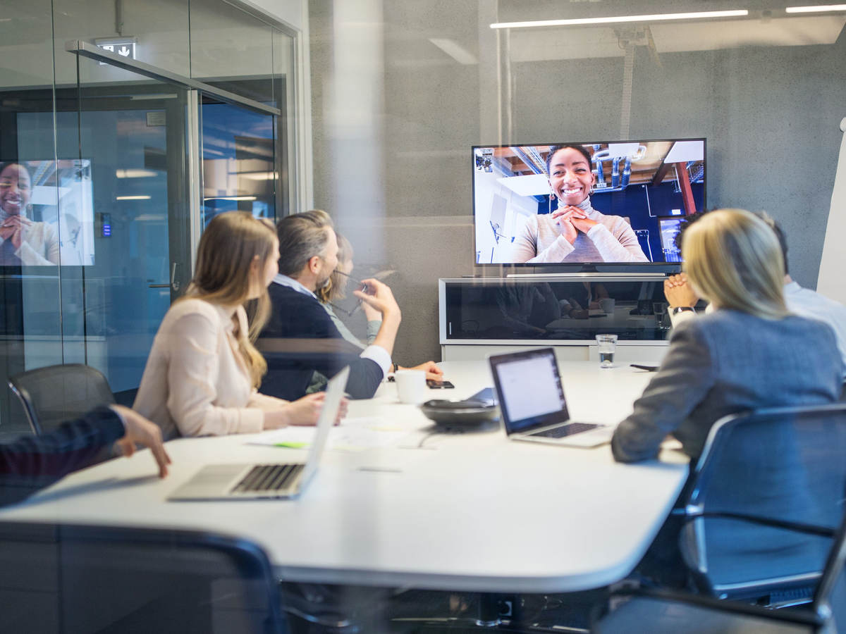 Employees having a conference call